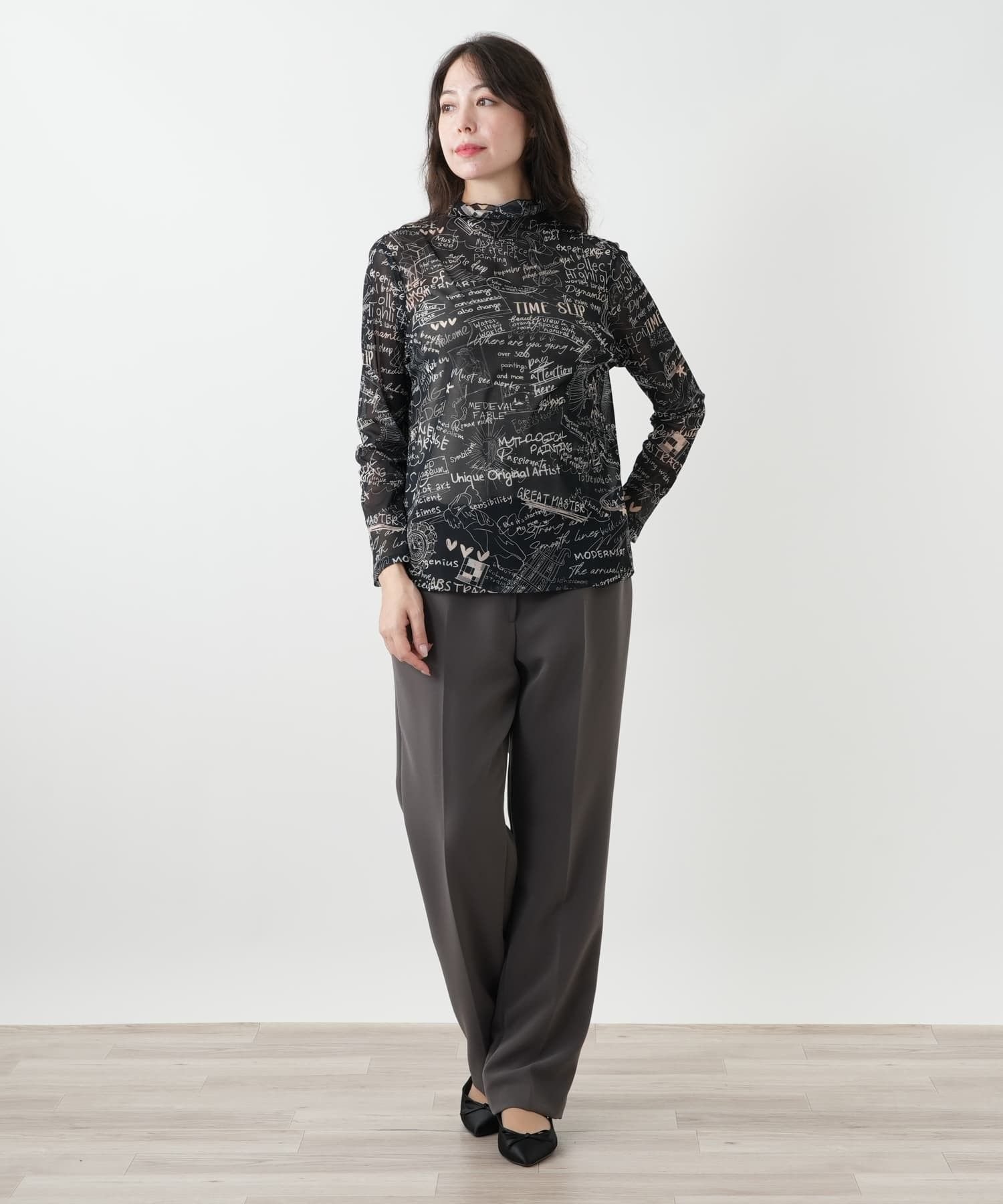Leilian PLUS HOUSE プリントシアーカットソー レリアン プラスハウス トップス カットソー・Tシャツ ブラック