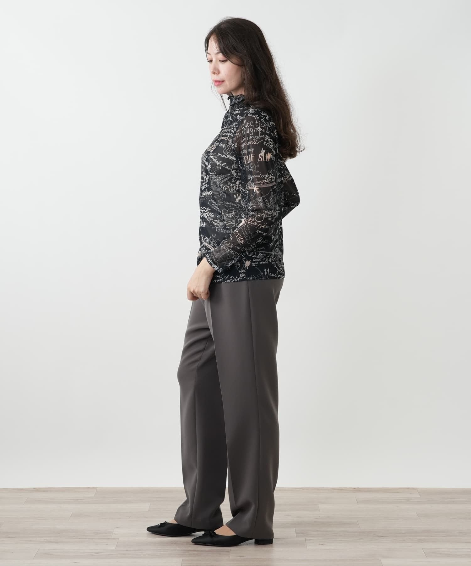 Leilian PLUS HOUSE プリントシアーカットソー レリアン プラスハウス トップス カットソー・Tシャツ ブラック