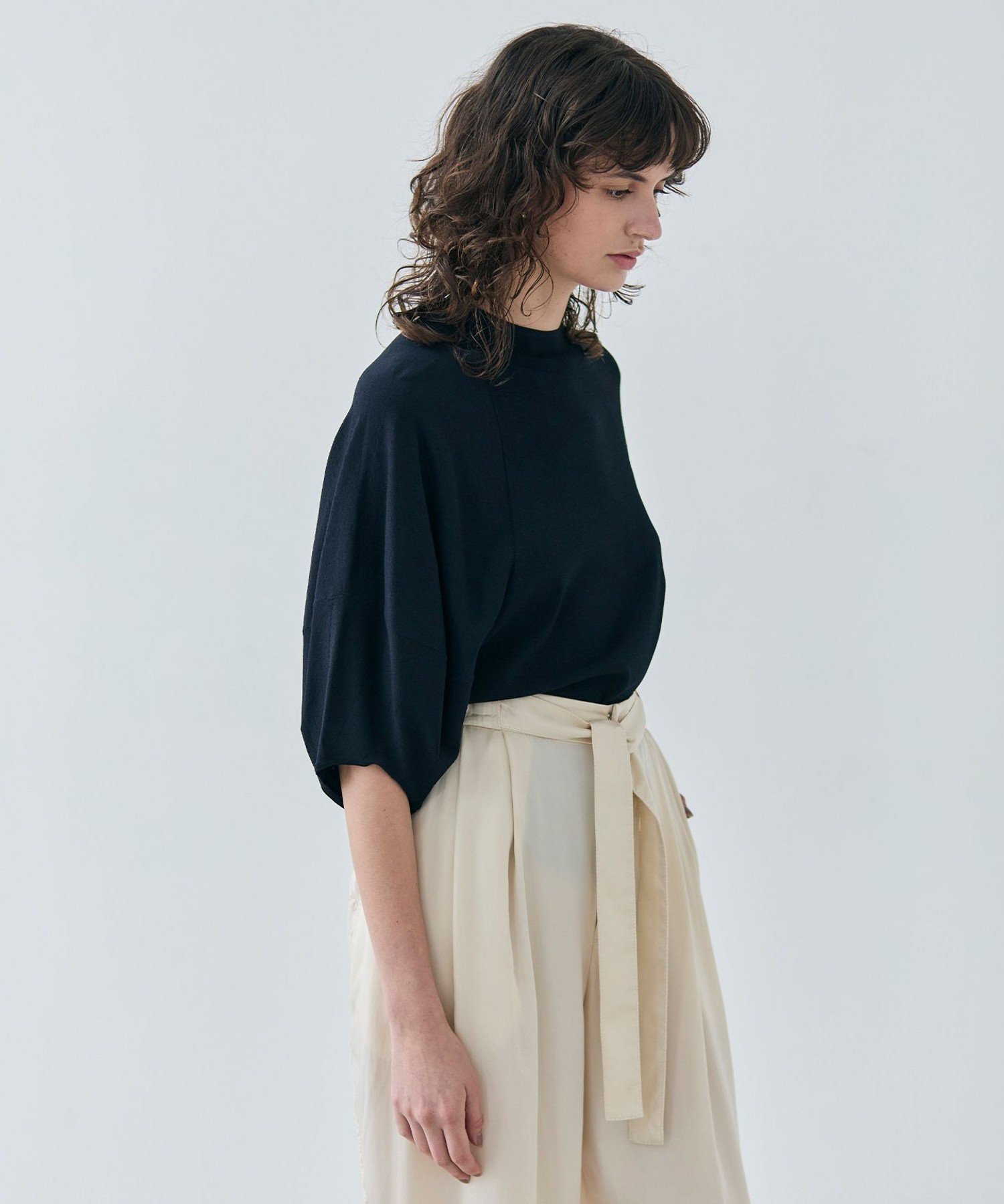 BEIGE, 【洗える】NADIA / ボリュームスリーブ半袖ボトルネックニット ベイジ, トップス ニット ネイビー【送料無料】