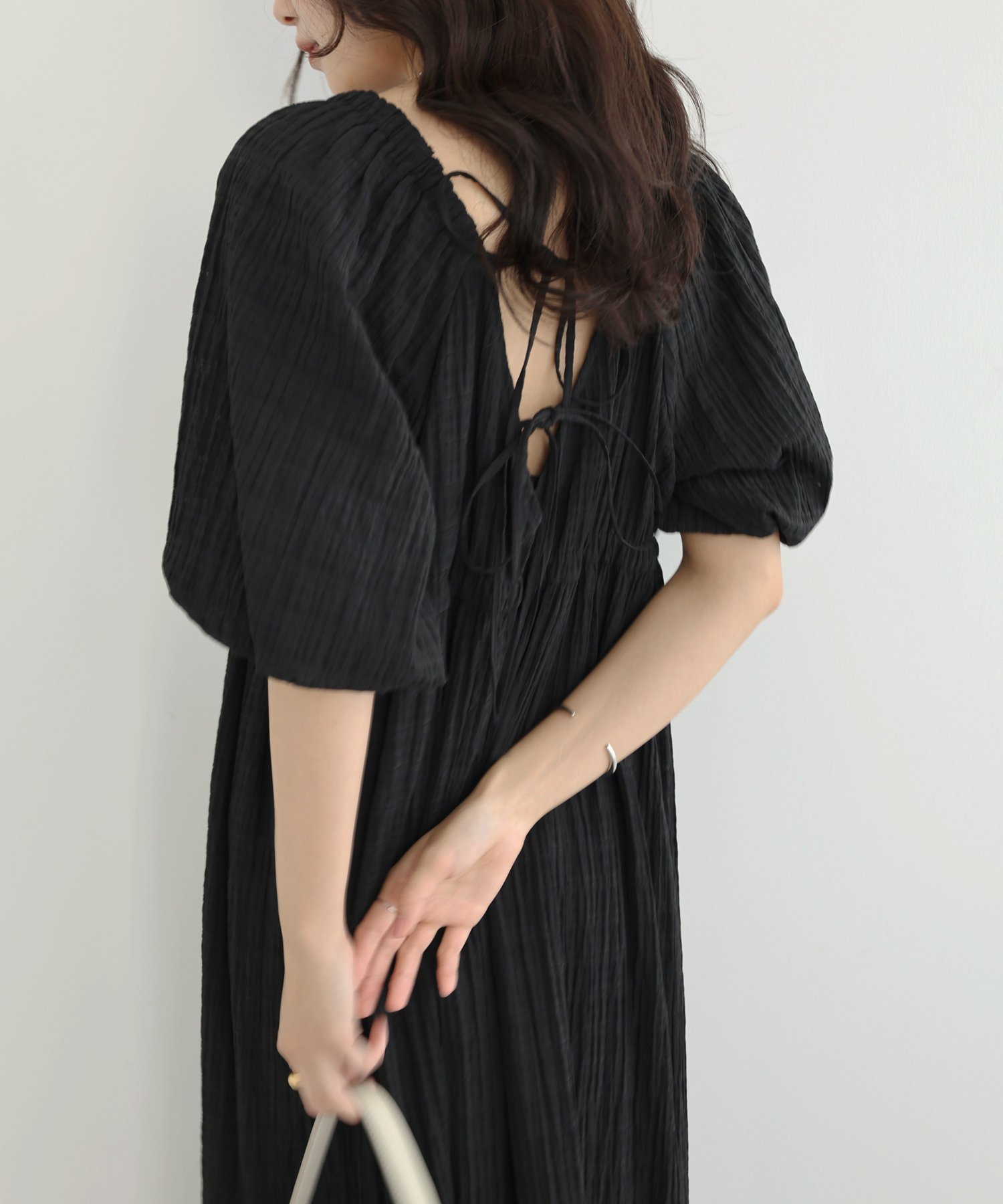 andme シアー チェック ボリューム袖 ロング ワンピース Freesia フリージア アンドミー ワンピース・ドレス ワンピース ブラック ベージュ【送料無料】