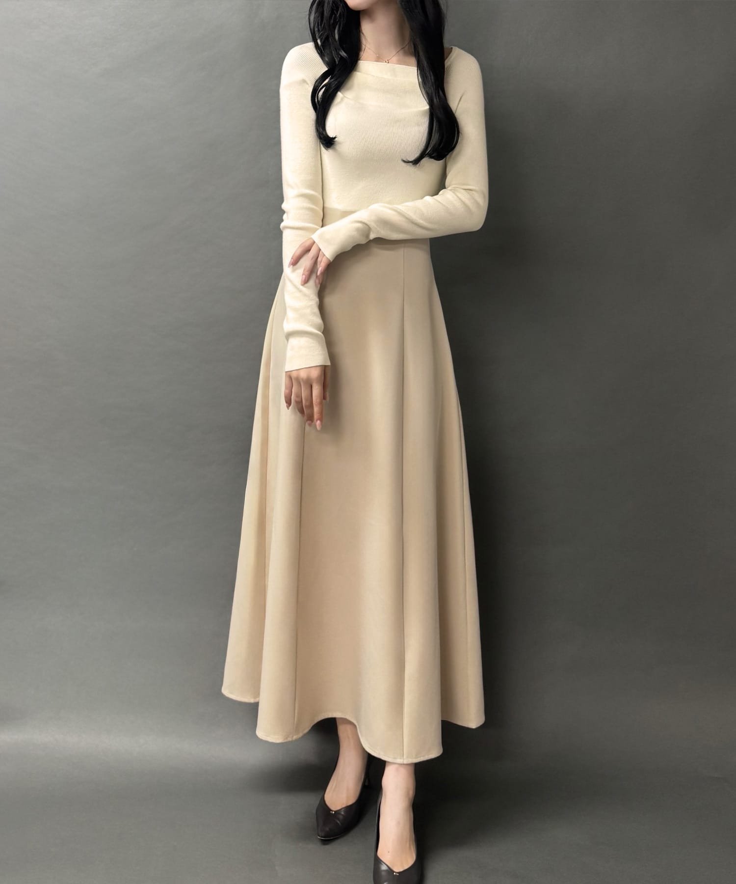 JUNOAH ドッキングニットフレアワンピース【ペチスカートセット】 ジュノア ワンピース・ドレス ワンピース ブラック ホワイト グレー