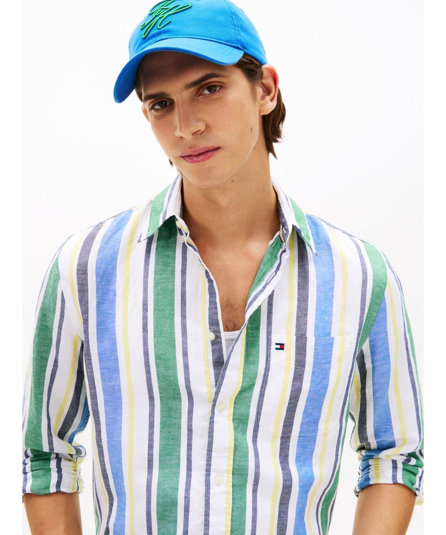 TOMMY HILFIGER リネンブレンドボールドストライプシャツ トミーヒルフィガー トップス シャツ・ブラウス グリーン【送料無料】
