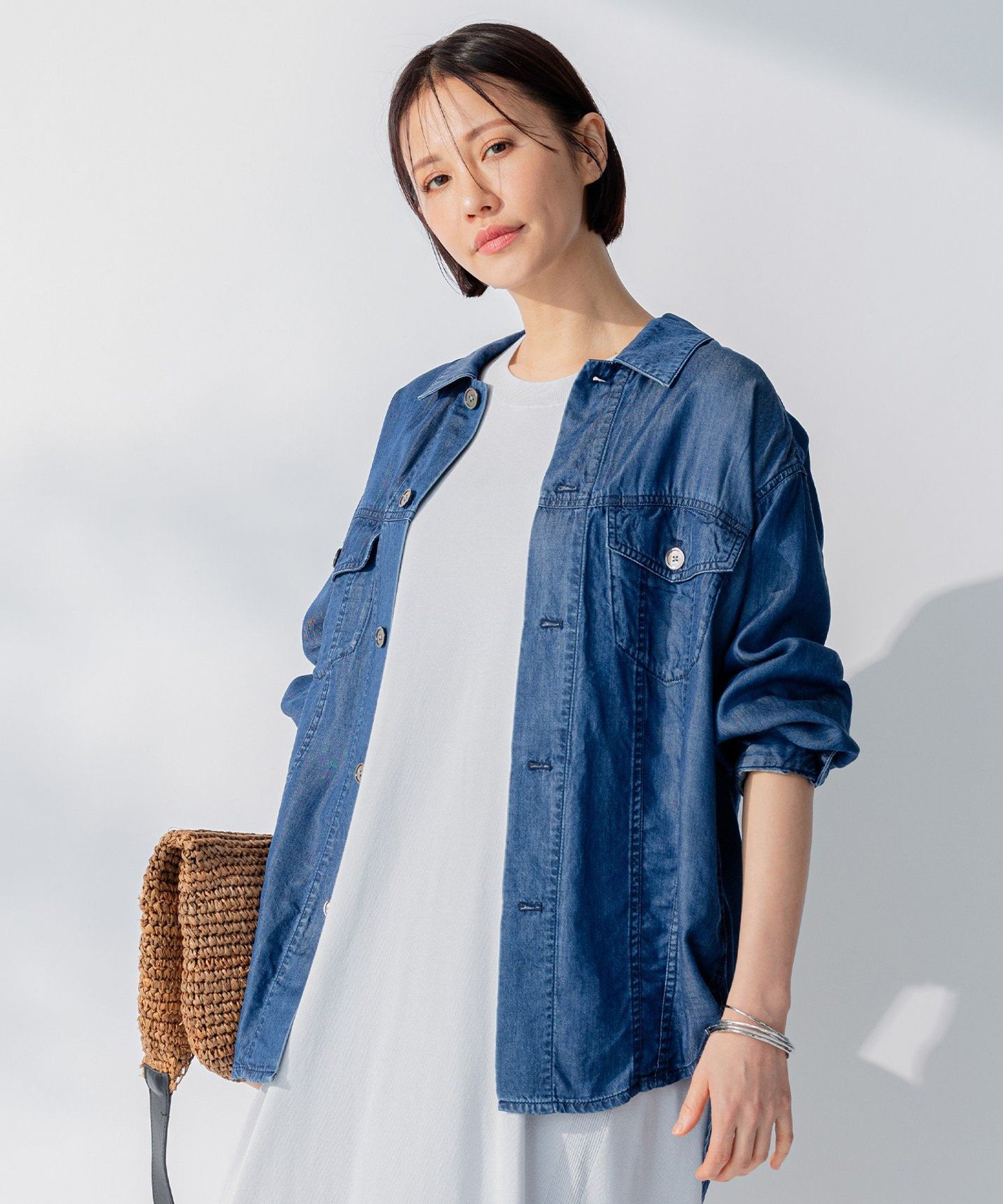 【SALE／30%OFF】自由区 L 【セット可/洗える】テンセルデニム シャケット ジユウク トップス シャツ・ブラウス ベージュ ブラック ブルー ネイビー【送料無料】のサムネイル