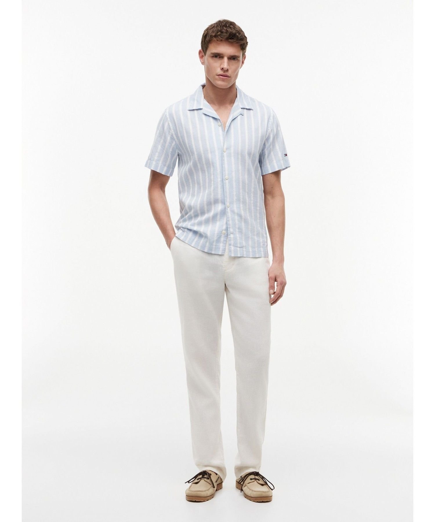 TOMMY HILFIGER リネンブレンドテクスチャーストライプショートスリーブシャツ 26SS トミーヒルフィガー トップス シャツ・ブラウス ネイビー【送料無料】
