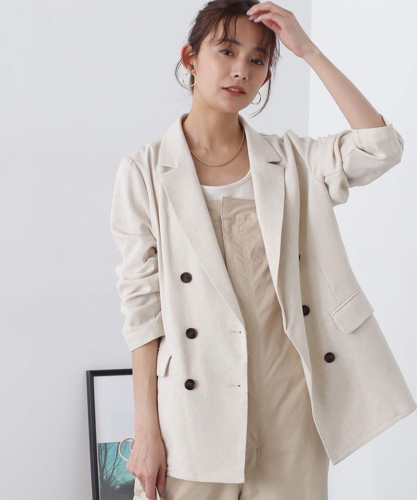 【SALE／30 OFF】N. Natural Beauty Basic 麻混ダブルジャケット《S Size Line》 エヌ ナチュラルビューティーベーシック ジャケット アウター テーラードジャケット ブレザー ブラウン グレー【送料無料】