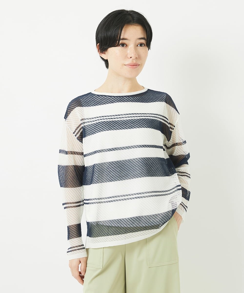 （小さいサイズ） メッシュボーダーニット メゾンドゥサンク トップス ニット ネイビー イエロー