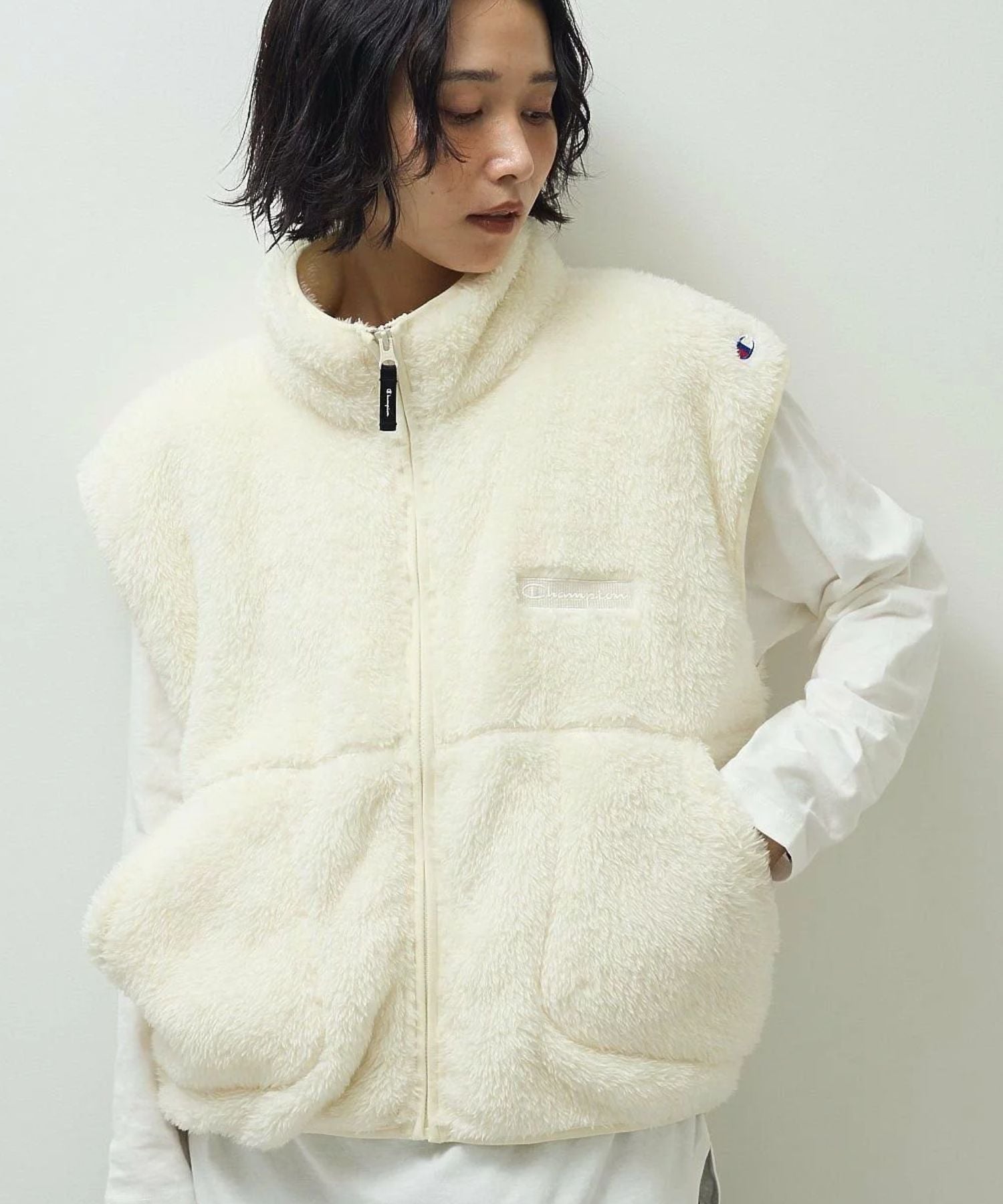 Green Parks ■別注Champion シェルパフリースベスト グリーンパークス トップス ベスト・ジレ ブラック..