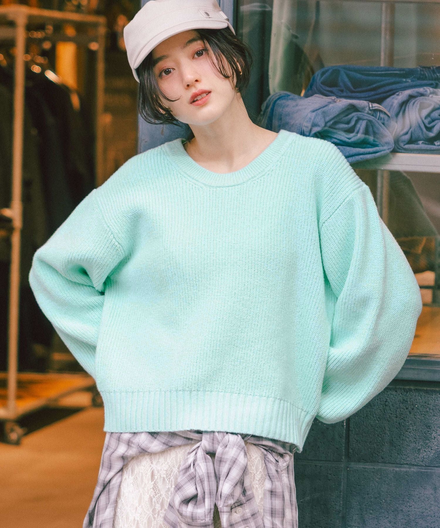RAGEBLUE 【WOMENS】＜Bloomy Yarn Knit＞アゼ編みコットンクルーネックニット レイジブルー トップス ニット ブルー ピンク グレー