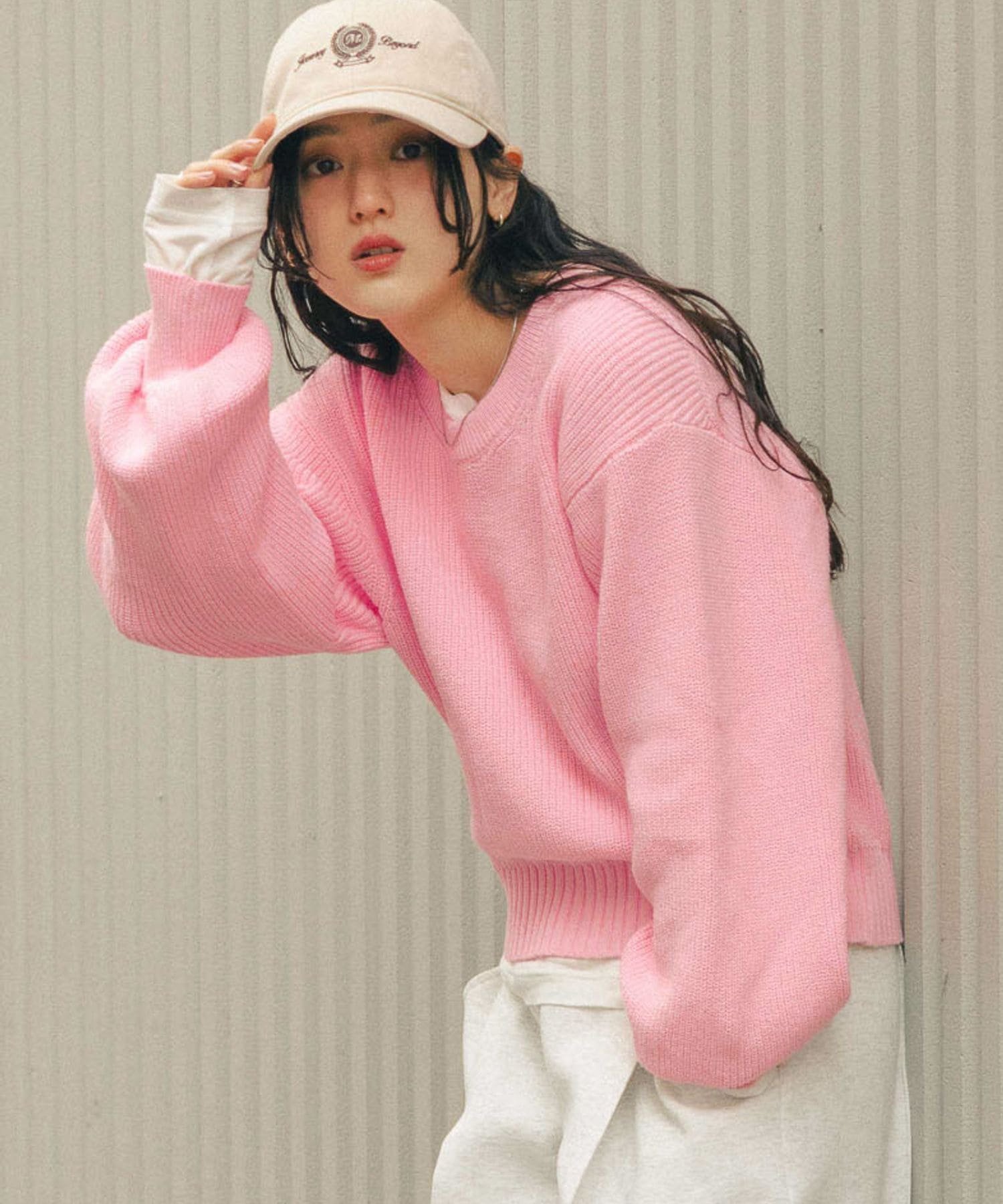 RAGEBLUE 【WOMENS】＜Bloomy Yarn Knit＞アゼ編みコットンクルーネックニット レイジブルー トップス ニット ブルー ピンク グレー