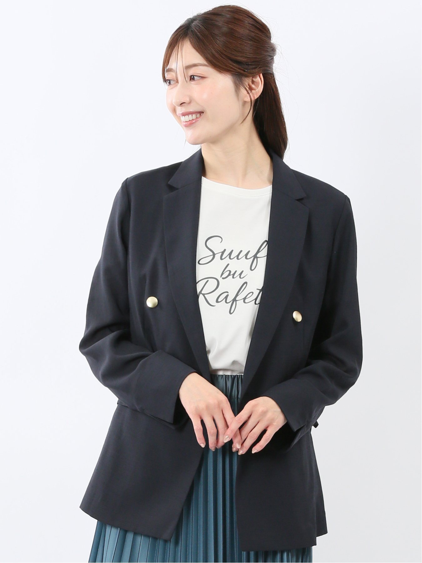 m.f.editorial 麻調合繊 ダブルジャケット 紺 タカキュー ジャケット・アウター テーラードジャケット・ブレザー