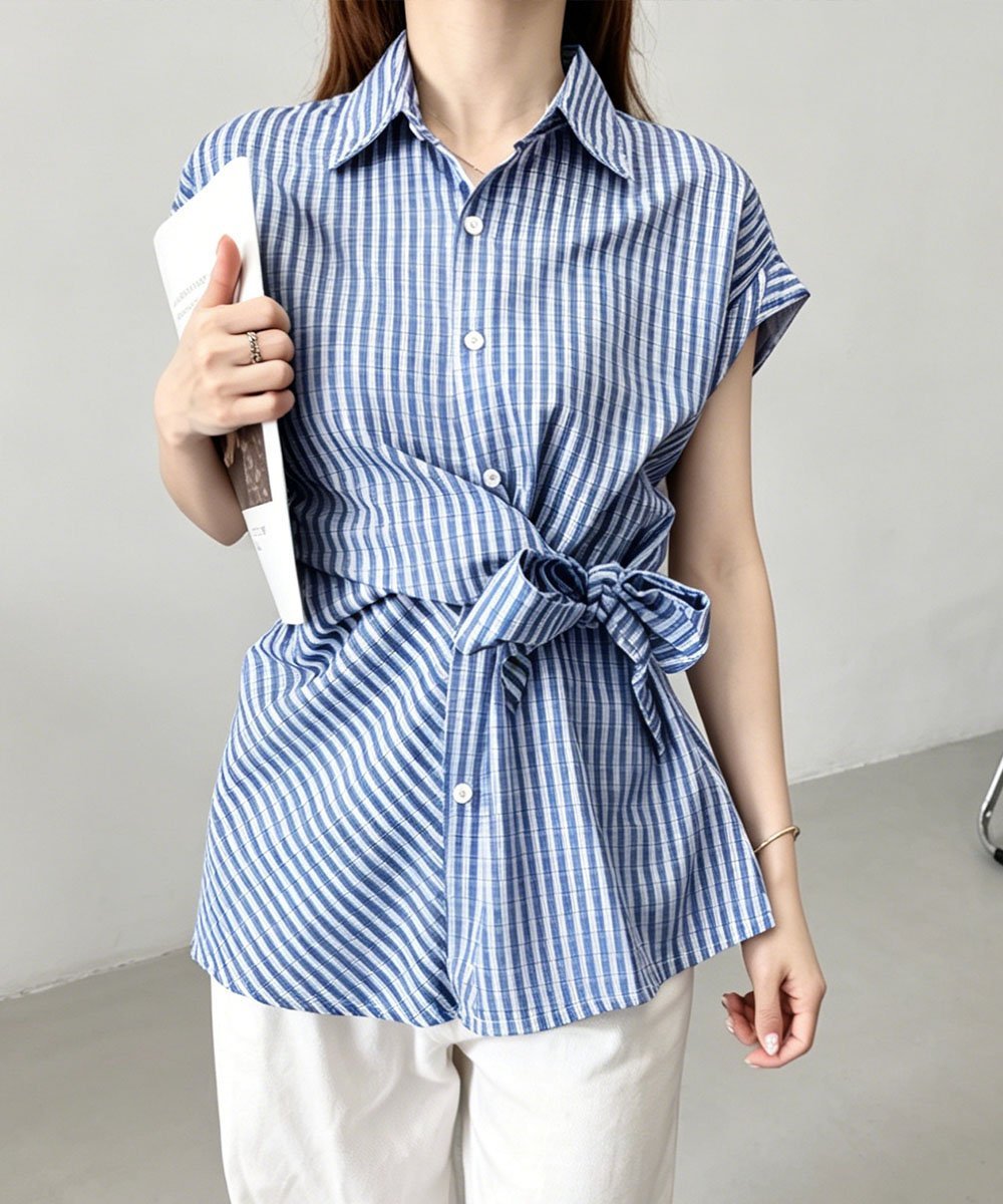 miniministore ウエストリボンチェックシャツ半袖ブラウス ミニミニストア トップス シャツ・ブラウス ブルー