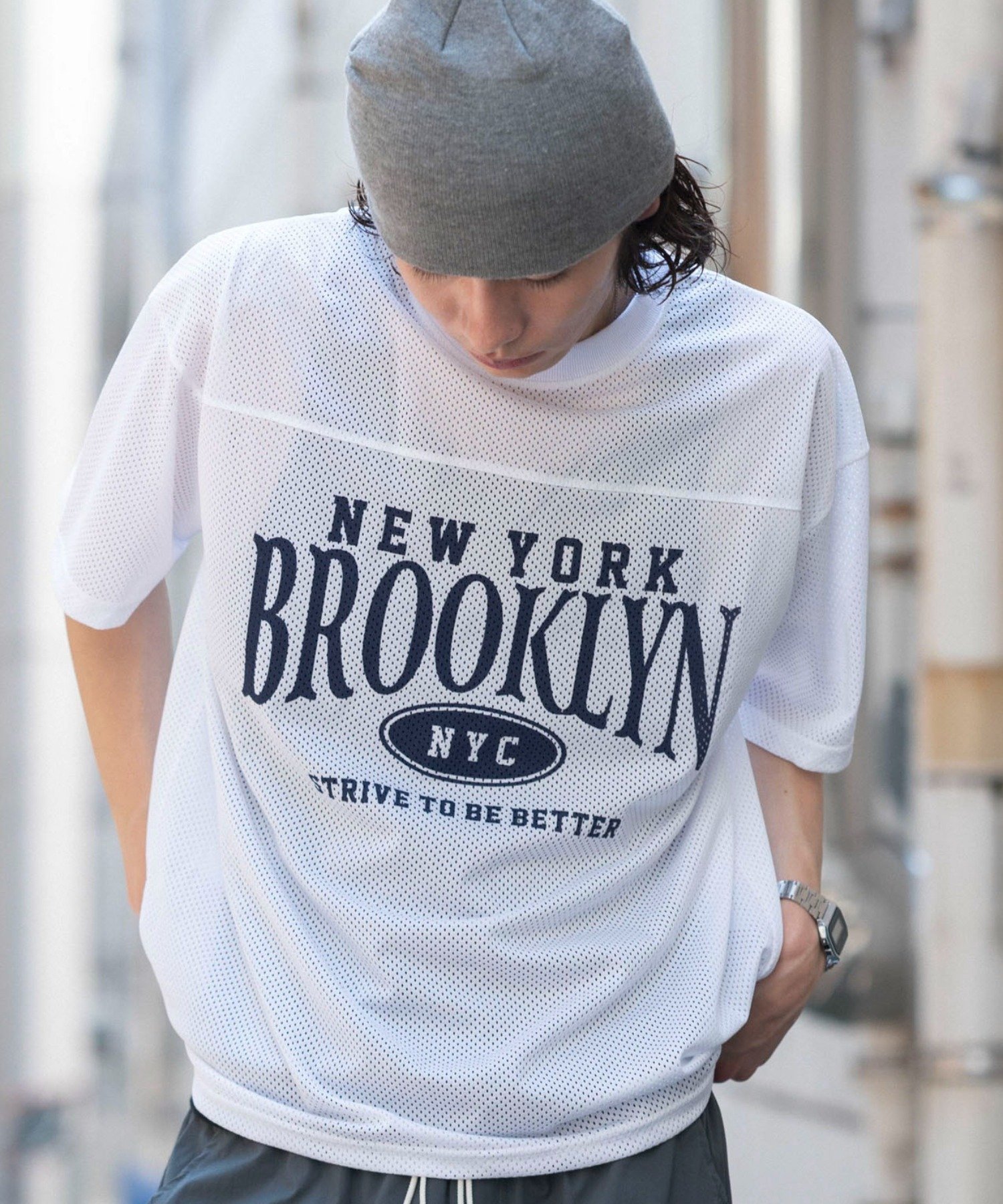 WEGO MEN'S メッシュグラフィックT(SS) ウィゴー トップス カットソー・Tシャツ ホワイト ブラック