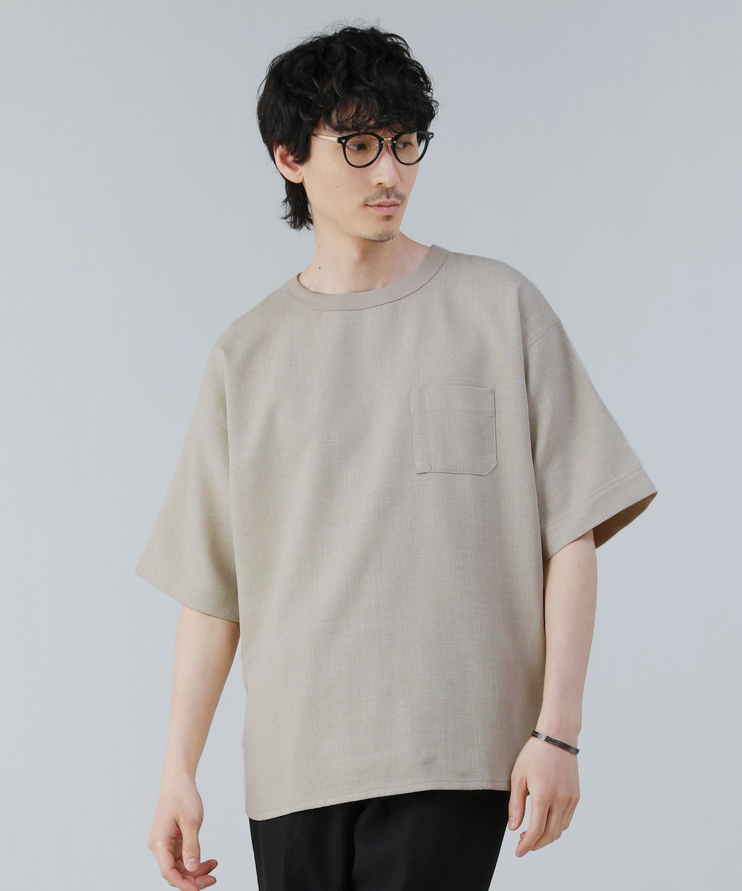 日本製 Naturemier（ナチュレミア）TECHリネンライクメランジクロスクルーネックグラスポケットハーフスリーブTシャツ カジュアル トップス カットソー・Tシャツ ブラウン ホワイト ベージュ ブラック