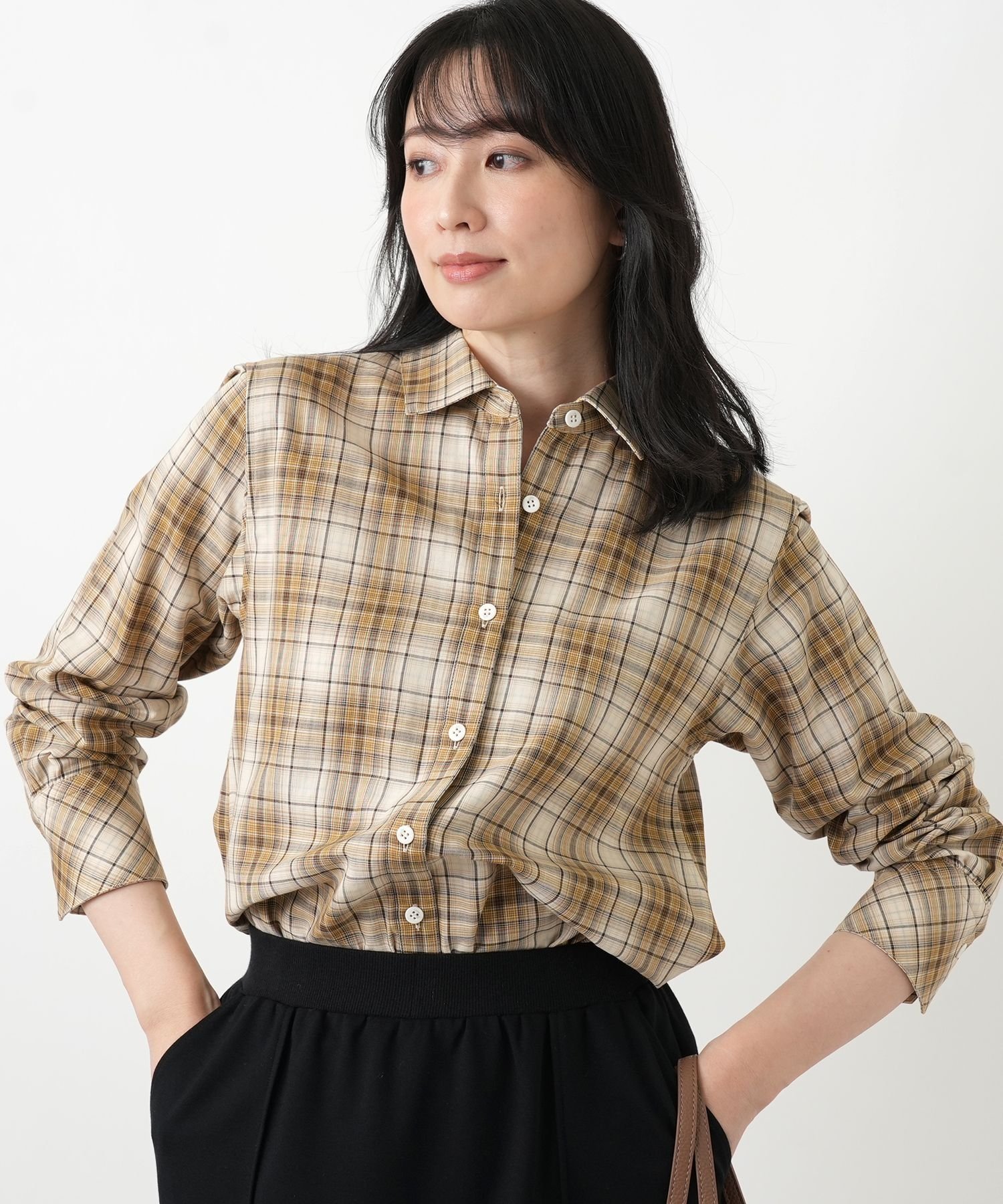 Leilian リバーシブルチェックブラウス レリアン トップス シャツ・ブラウス イエロー