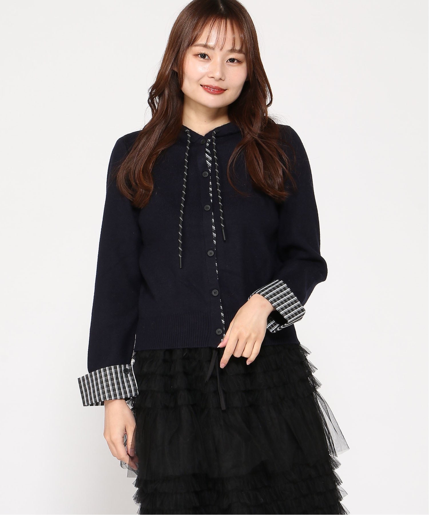VIVIDLADY VIVIDLADY/(W)チェック配色フードカーディガン ビビッドレディー トップス カーディガン レッド ブラック【送料無料】