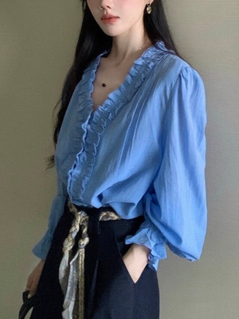 【SALE／10%OFF】LADY LIKE フリルデザインキャンディスリーブV開きブラウス ディアベル トップス シャツ・ブラウス ブルー