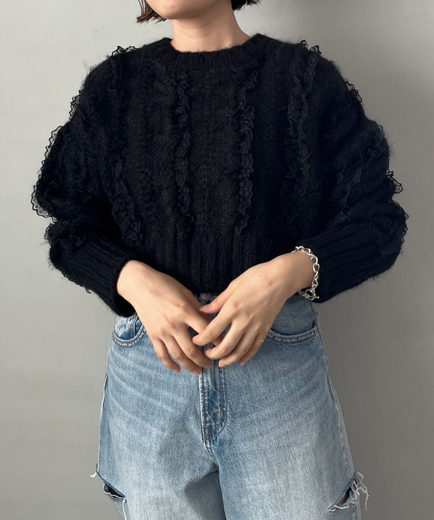 【SALE／10%OFF】LOWRYS FARM (W)レースフリルニット ローリーズファーム トップス ニット ブラック ホワイト ピンク【送料無料】のサムネイル