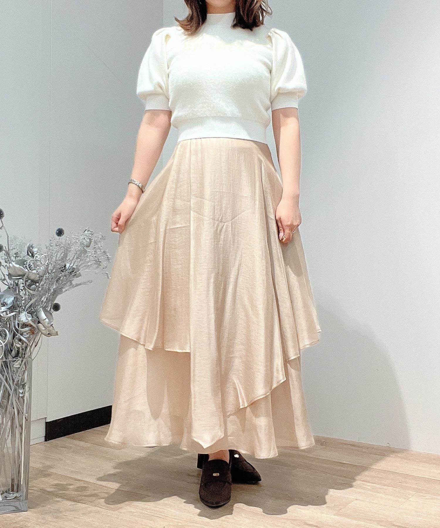 Noela シアーフレアスカート ノエラ スカート ロング・マキシスカート ベージュ ホワイト グレー