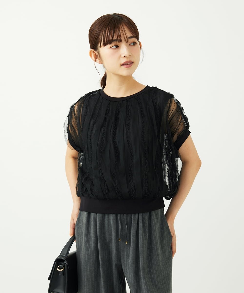 MK MICHEL KLEIN（小さいサイズ） 【小さいサイズ】チュールテープデザインフレンチスリーブニット/洗える メゾンドゥサンク トップス ニット ブラック ホワイト