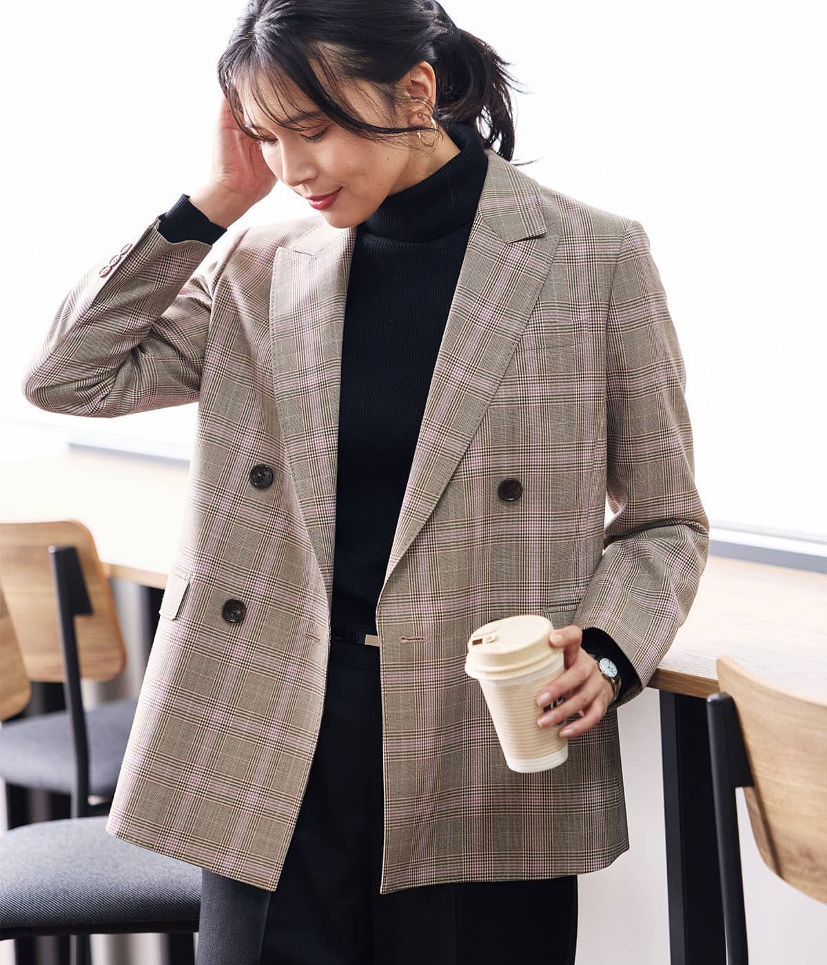 NEWYORKER WOMEN カラードグレンチェック ピークドラペルダブルブレストジャケット ニューヨーカー ジャケット・アウター テーラードジャケット・ブレザー ブラウン【送料無料】