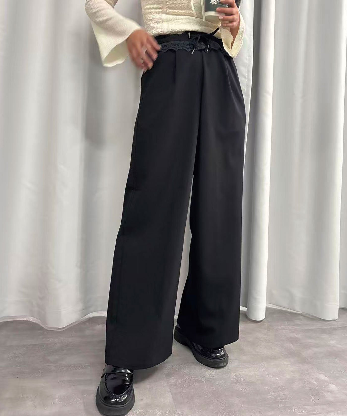 Lots of Love ツイルウエストレースパンツ コーナーズ パンツ スラックス・ドレスパンツ ブラック グレー ブラウン【送料無料】