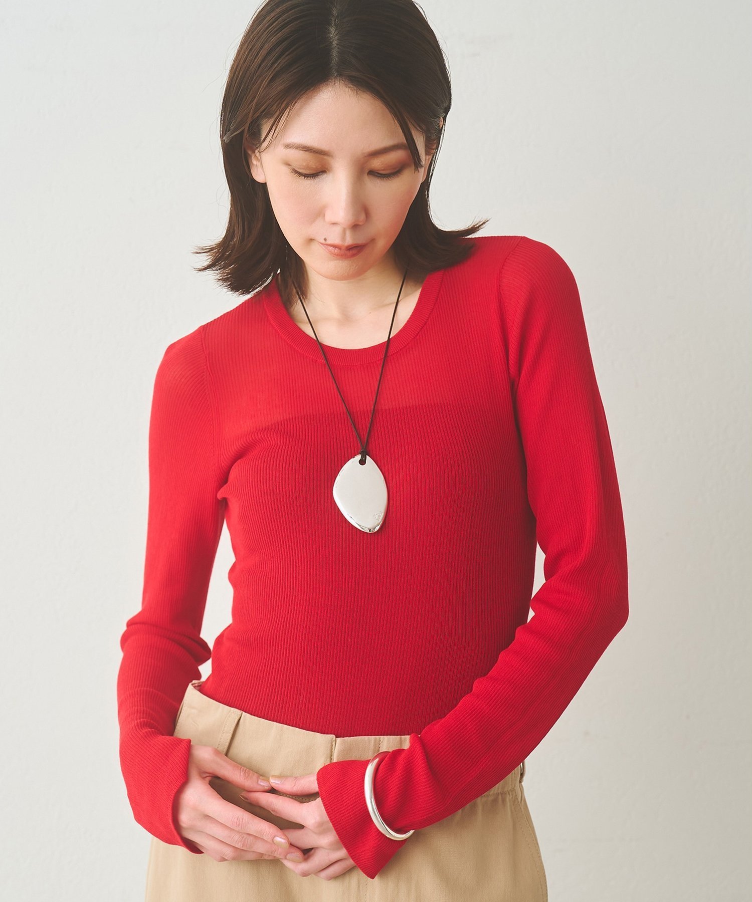 Whim Gazette シアーリブニットプルオーバー ウィム ガゼット トップス ニット ベージュ レッド