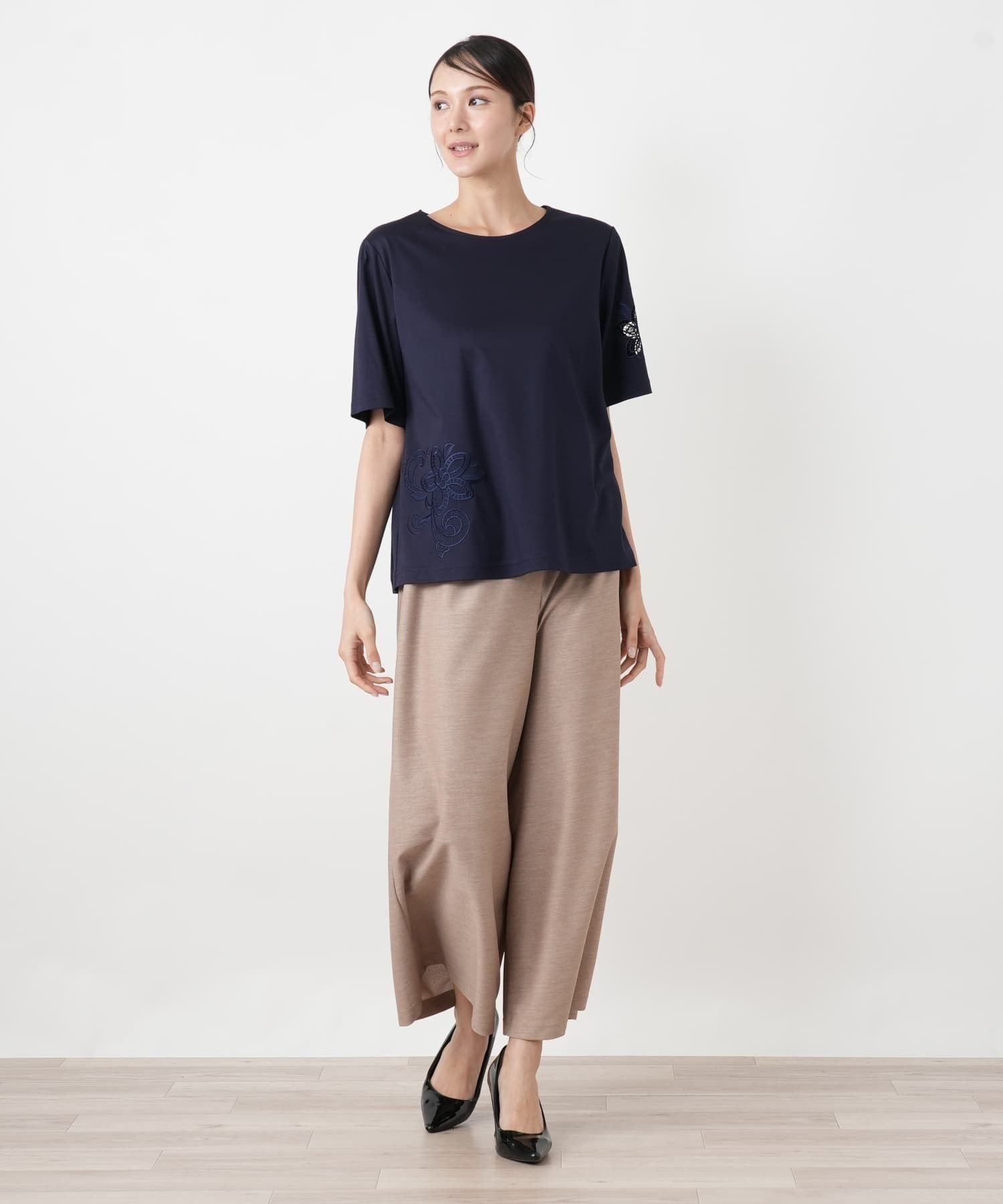Leilian PLUS HOUSE 【店頭人気】Tシャツ【Leilian WHITE LABEL】 レリアン プラスハウス トップス カットソー・Tシャツ ネイビー ホワイト