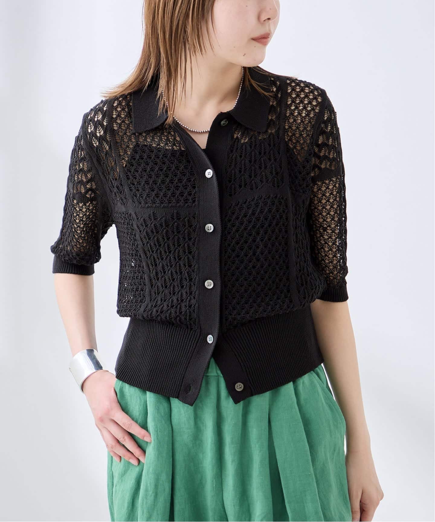 JOURNAL STANDARD L'ESSAGE レースジャガードポロシャツニット ジャーナルスタンダード レサージュ トップス ニット ブラック ベージュ
