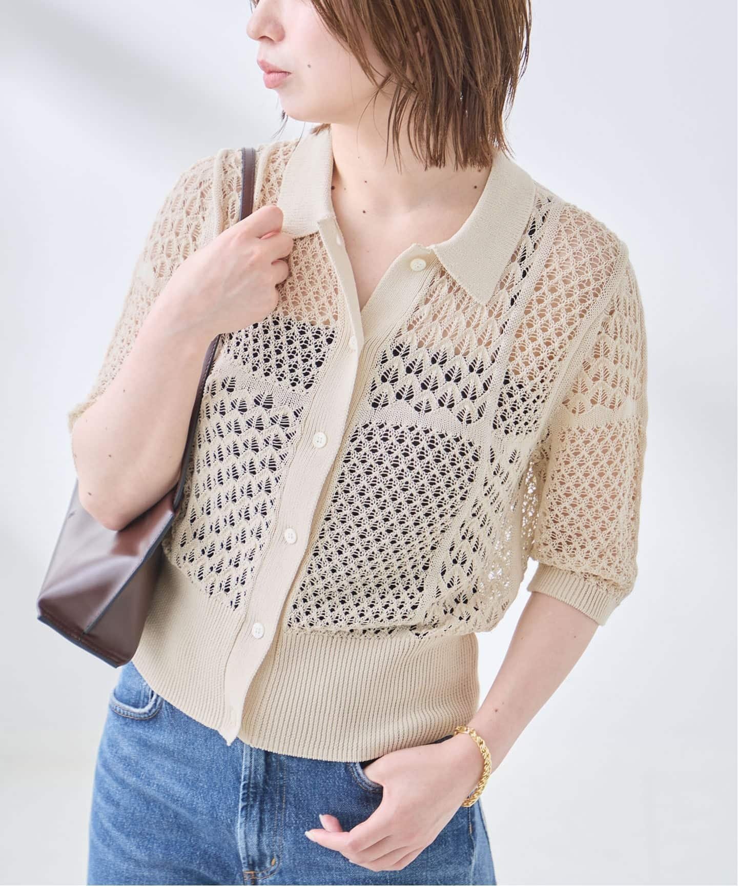 【SALE／30%OFF】JOURNAL STANDARD L'ESSAGE レースジャガードポロシャツニット ジャーナルスタンダード レサージュ トップス ニット ブラック ベージュ【送料無料】