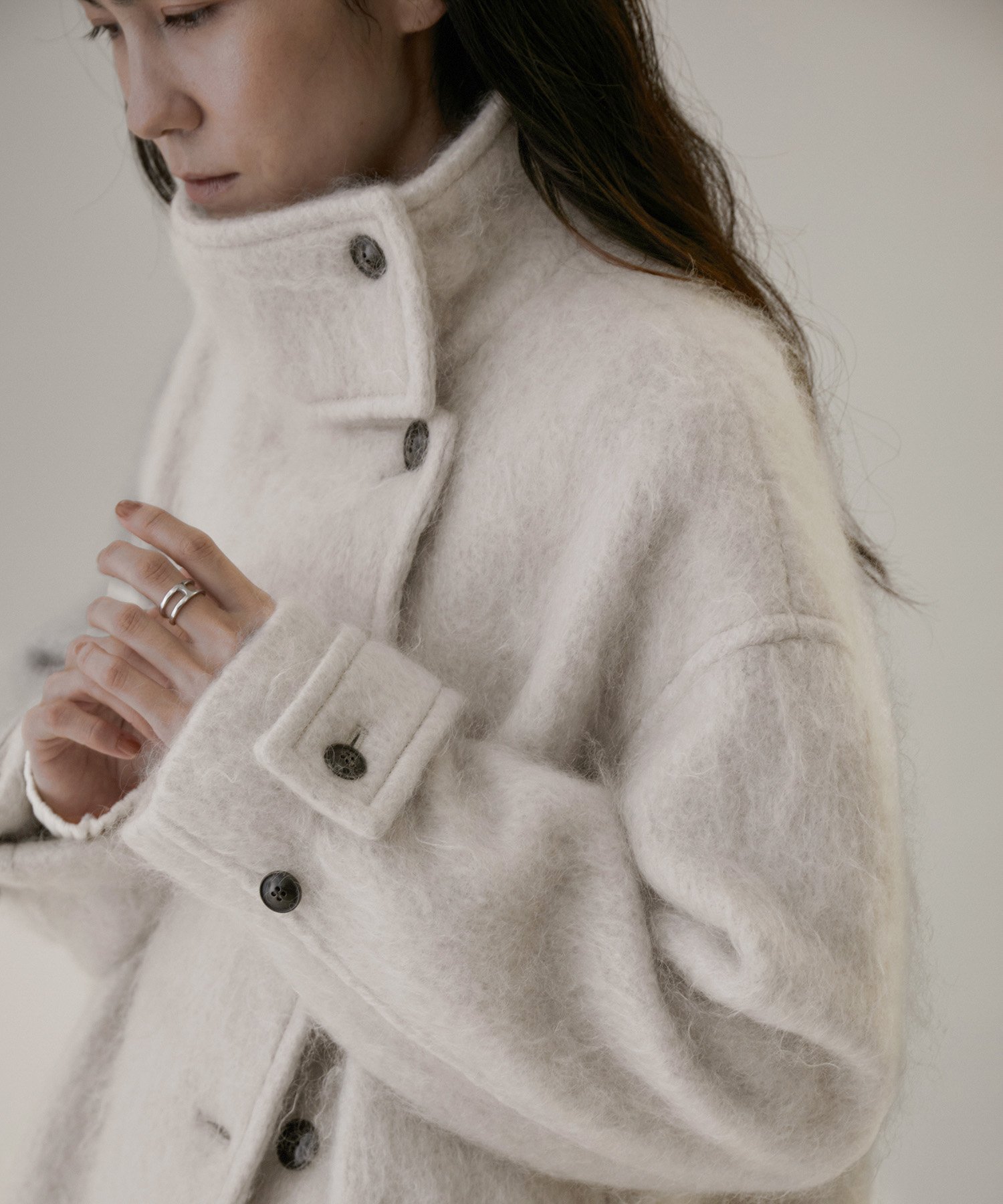 【SALE／50%OFF】SALON adam et rope' 【雑誌掲載】モヘアシャギースタンドカラーロングコート サロン アダム エ ロペ ジャケット・アウター その他のジャケット・アウター グリーン グレー カーキグリーン【送料無料】