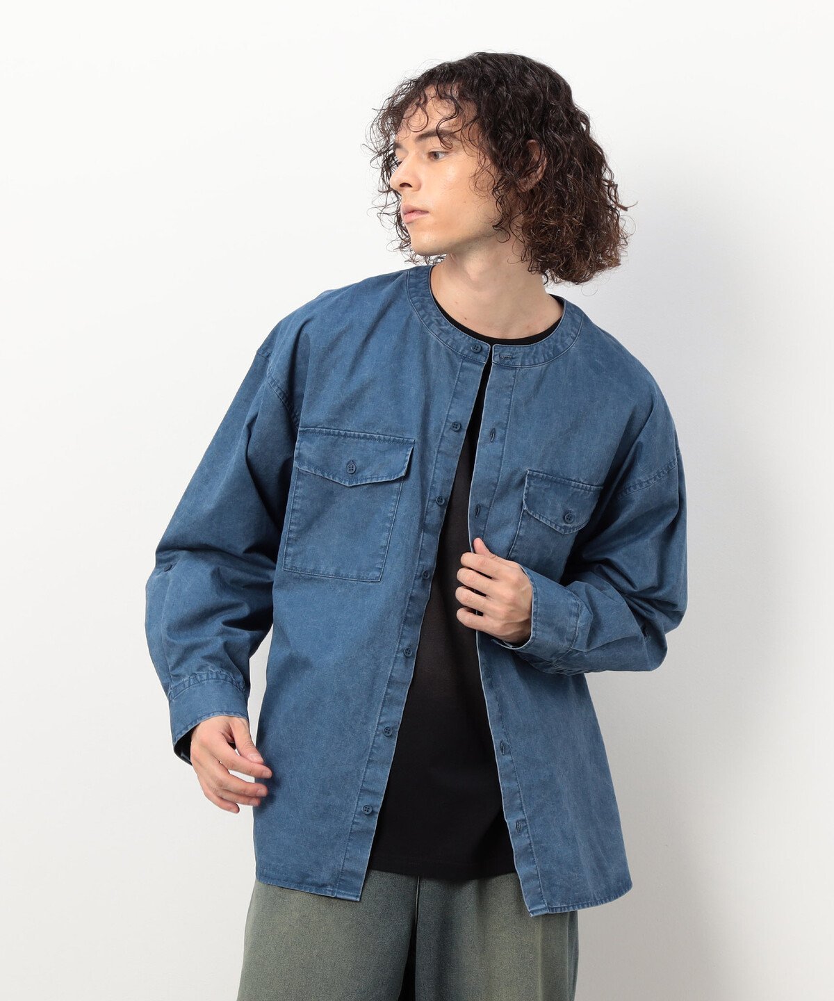 Purple&Yellow 硫化ツイルブリーチクルーネック ワークシャツ コムサイズム トップス シャツ・ブラウス ブラウン ブルー