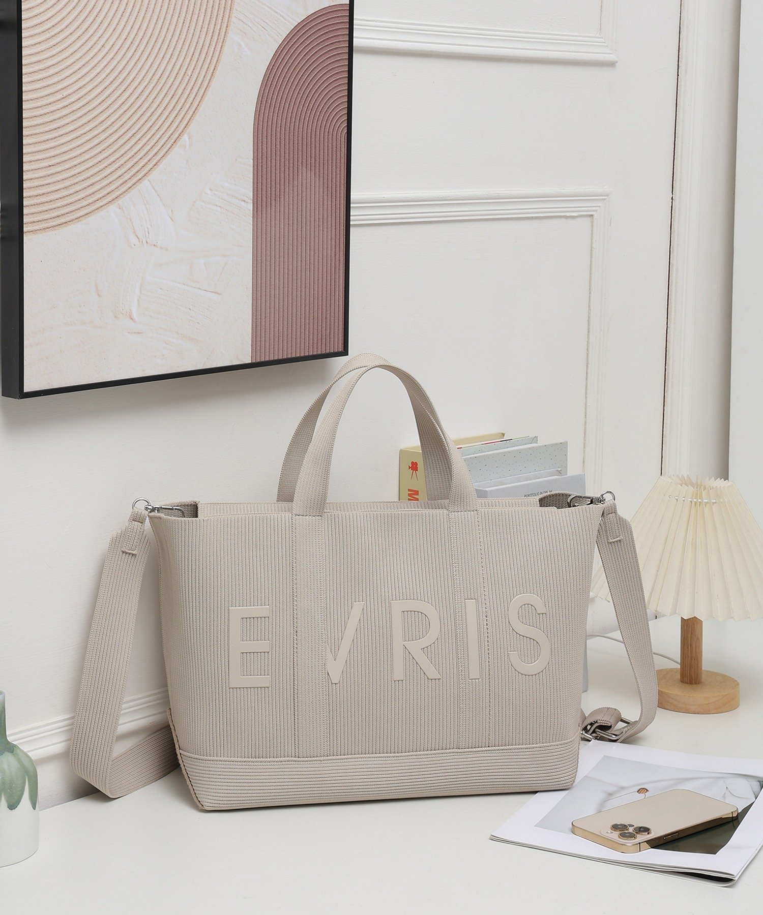 【SALE／10%OFF】EVRIS ロゴリブニット ミディアムトートバッグ/A4収納可 スタイルコード バッグ トートバッグ ベージュ ブラック【送料無料】