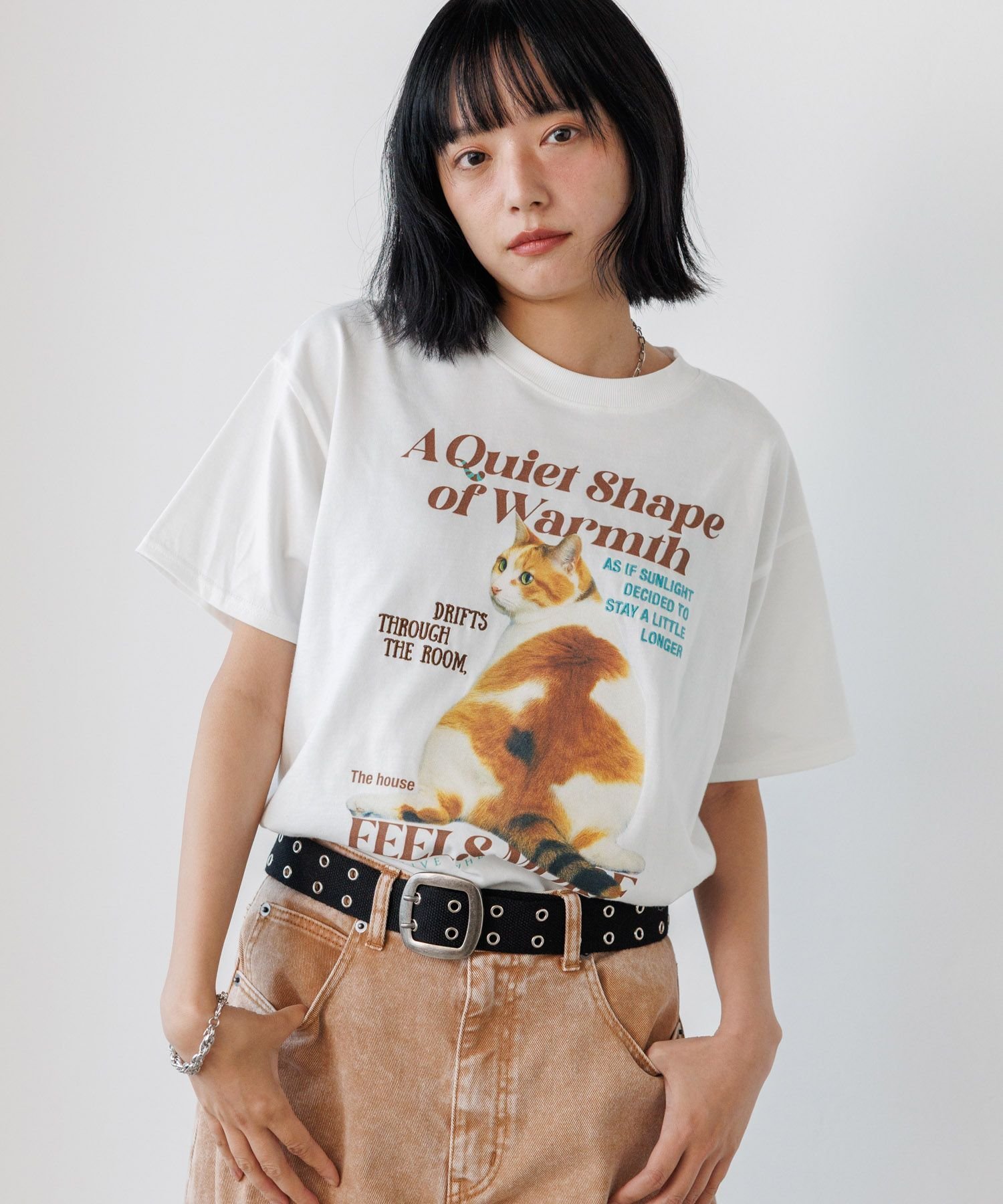 PAGEBOYLIM 【PBLIM】レイジーキャットTシャツ ページボーイ トップス カットソー・Tシャツ ネイビー ホワイト