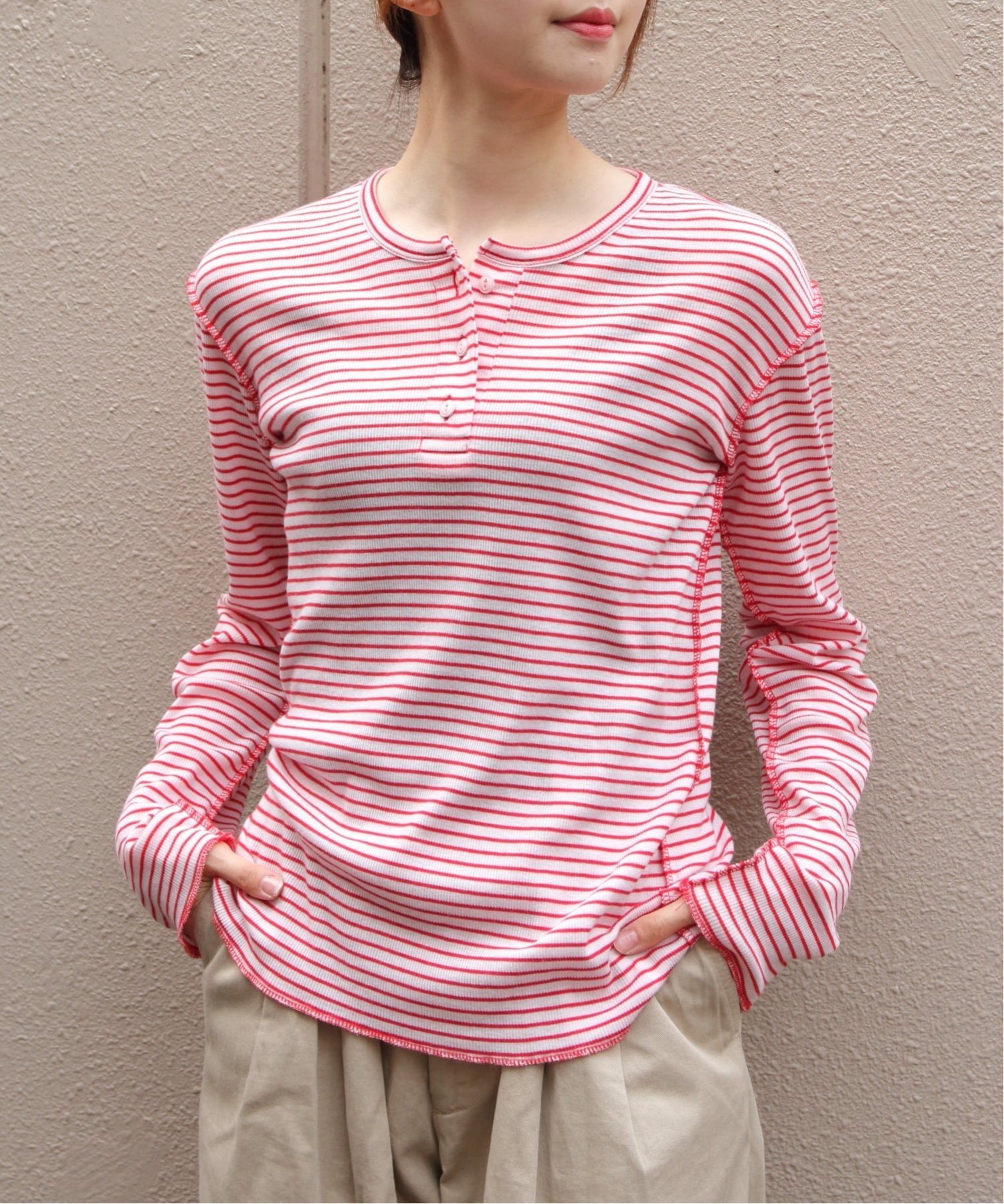 MEYAME メヤメ ヘンリーネック BORDER SOFT RIB HENRY NECK ステップス トップス カットソー・Tシャツ ブラウン ピンク