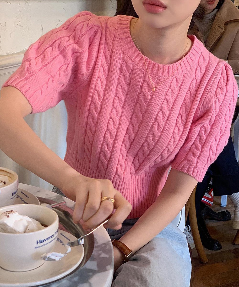 miniministore ケーブル編みニットトップス パフスリーブ ミニミニストア トップス ニット ブルー ホワイト ピンク