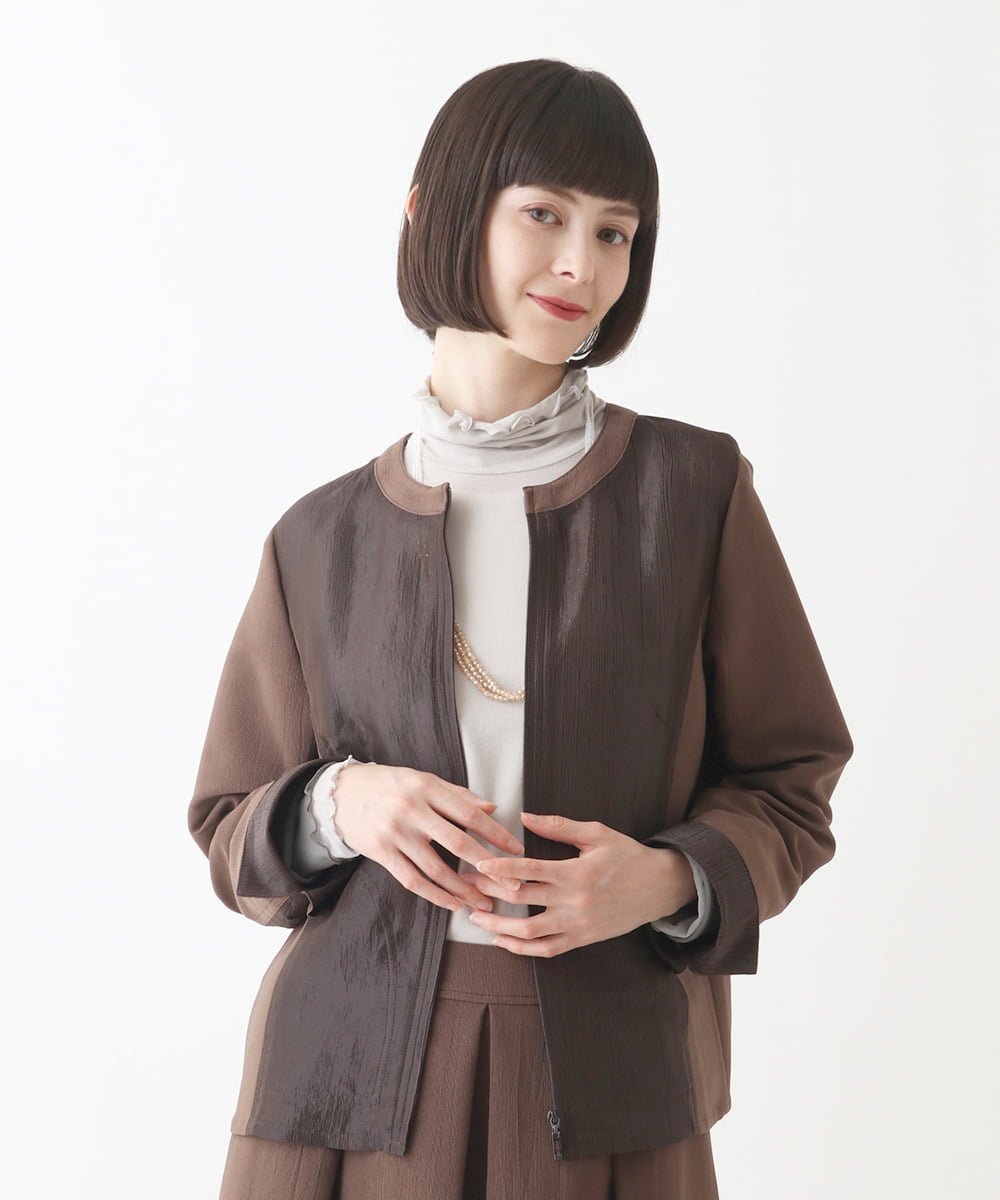 HIROKO BIS（小さいサイズ） 【小さいサイズ】異素材ドッキングコンパクトジャケット /洗える メゾンドゥサンク ジャケット・アウター ノーカラージャケット カーキグリーン ブラウン