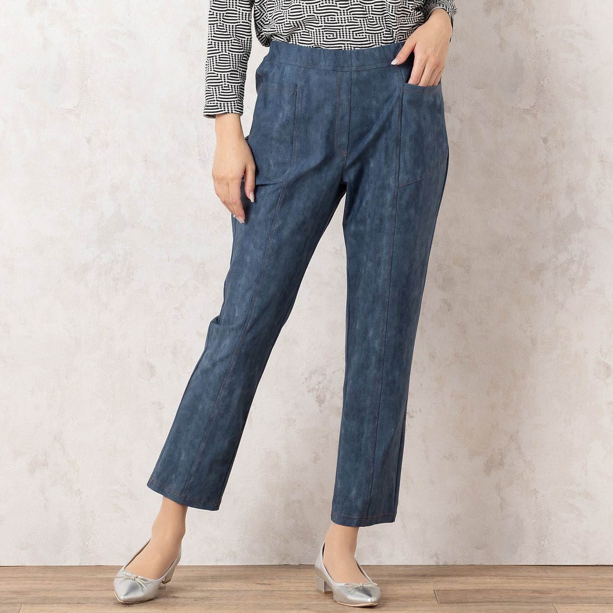 missel 【洗える】デニム柄 オールゴムストレッチパンツ ミゼール パンツ チノパンツ ネイビー グレー【送料無料】