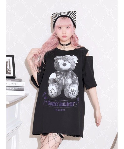 NOEMIE 病みくまラグラン肩ジップユニセックスTシャツ ノエミー トップス カットソー・Tシャツ ホワイト グレー