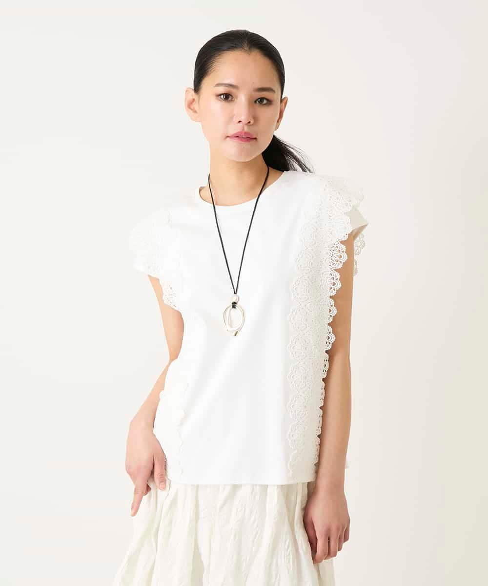 HIROKO BIS サイドレースフレンチスリーブカットソー /洗える ヒロコ ビス トップス カットソー・Tシャツ ブルー ホワイト ブラック