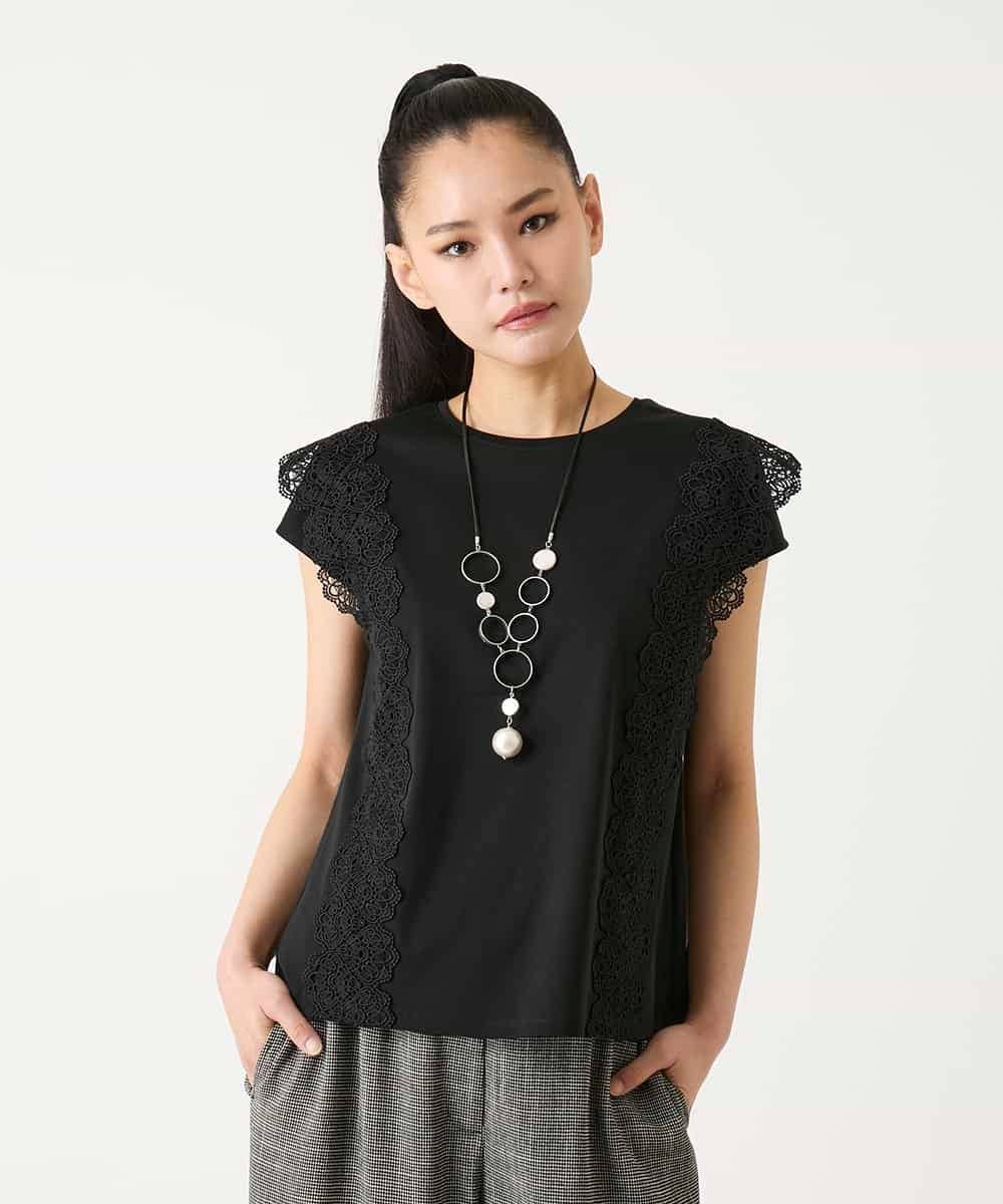 HIROKO BIS サイドレースフレンチスリーブカットソー /洗える ヒロコ ビス トップス カットソー・Tシャツ ブルー ホワイト ブラック