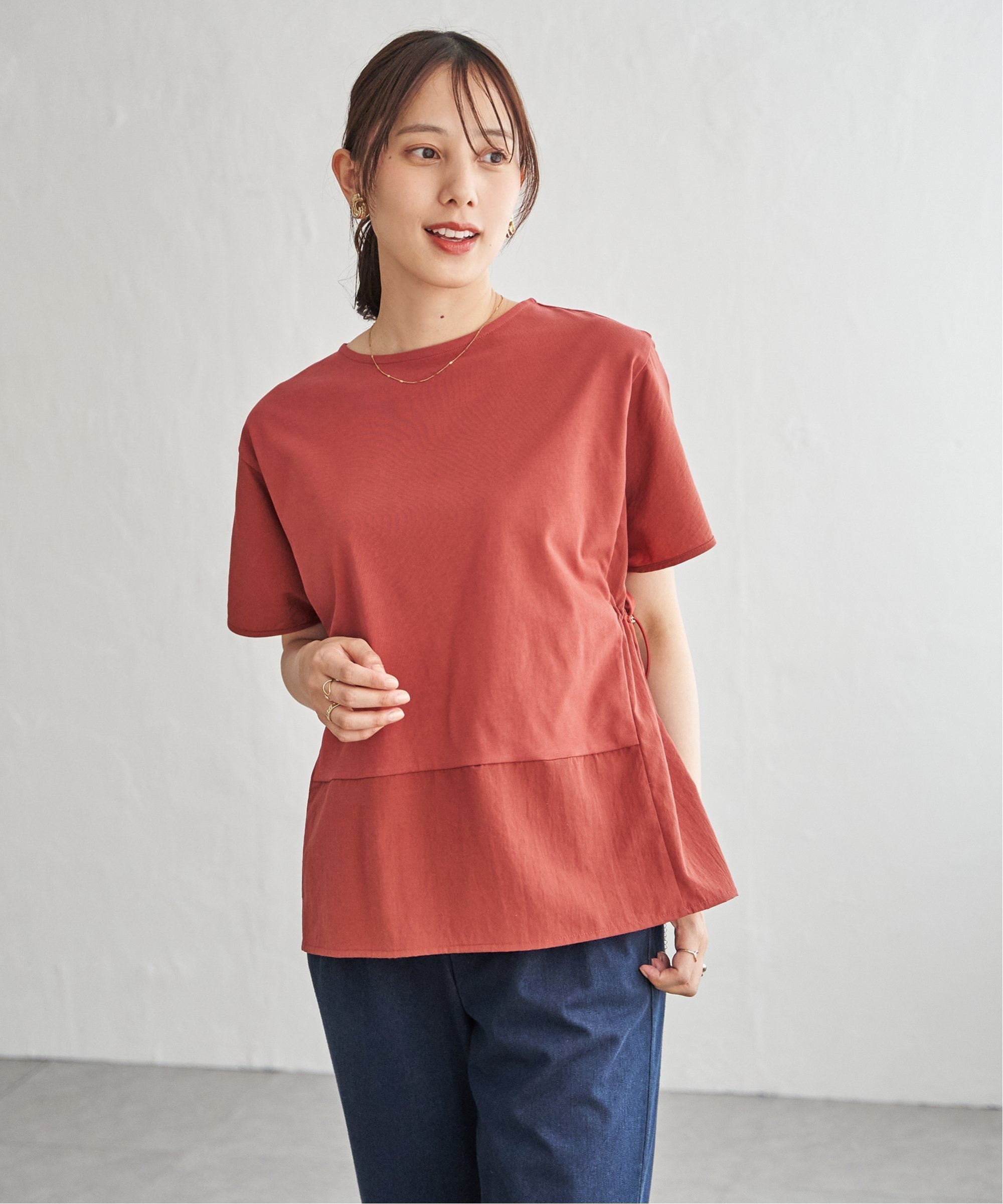 ikka 【接触冷感/親子コーデ】異素材切り替えドロストプルオーバー イッカ トップス ニット ブルー グレー