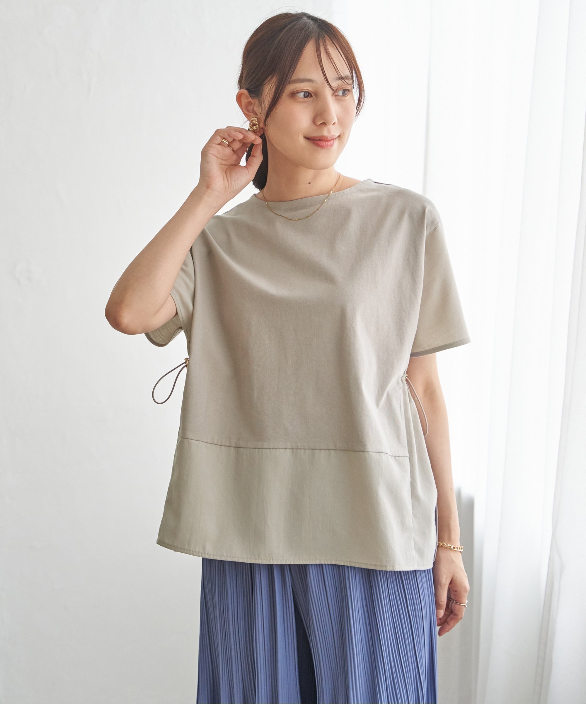 ikka 【接触冷感/親子コーデ】異素材切り替えドロストプルオーバー イッカ トップス ニット ブルー グレー