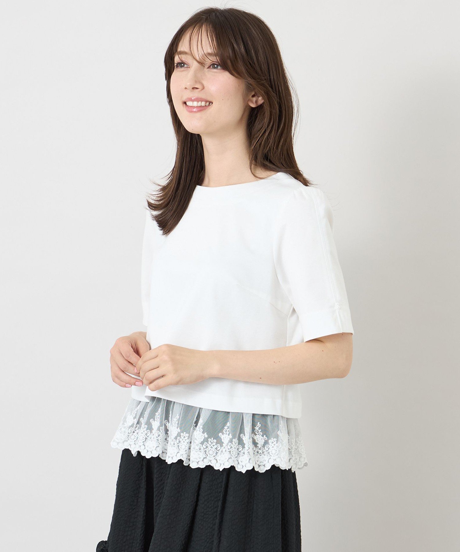 TO BE CHIC ポンチレースドッキング カットソー トゥー ビー シック トップス カットソー・Tシャツ ブラック ホワイト