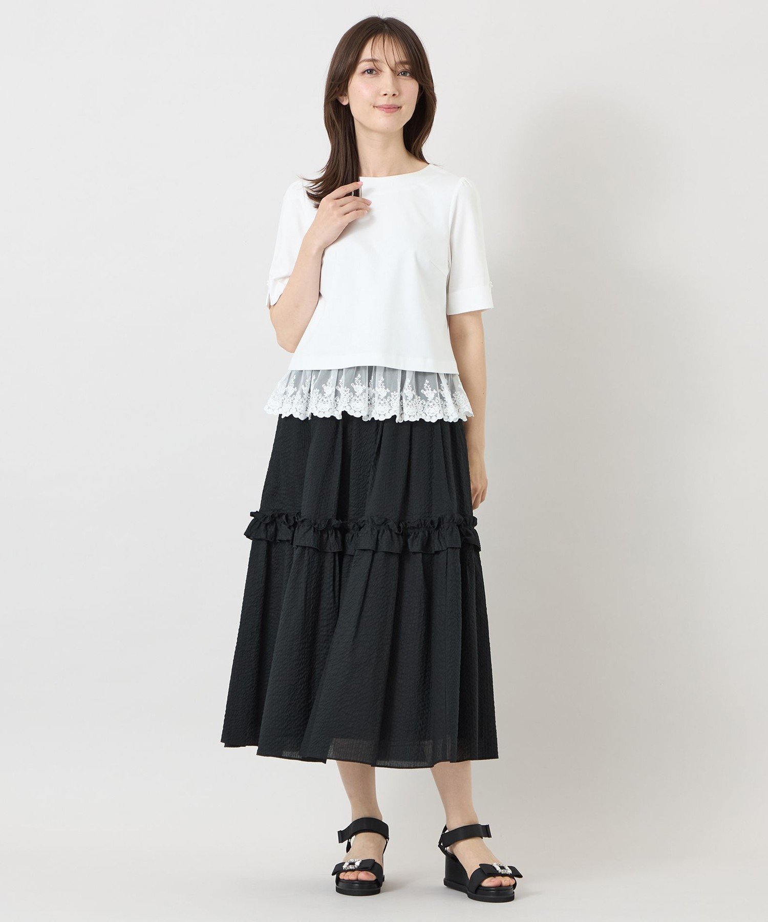 TO BE CHIC ポンチレースドッキング カットソー トゥー ビー シック トップス カットソー・Tシャツ ブラック ホワイト
