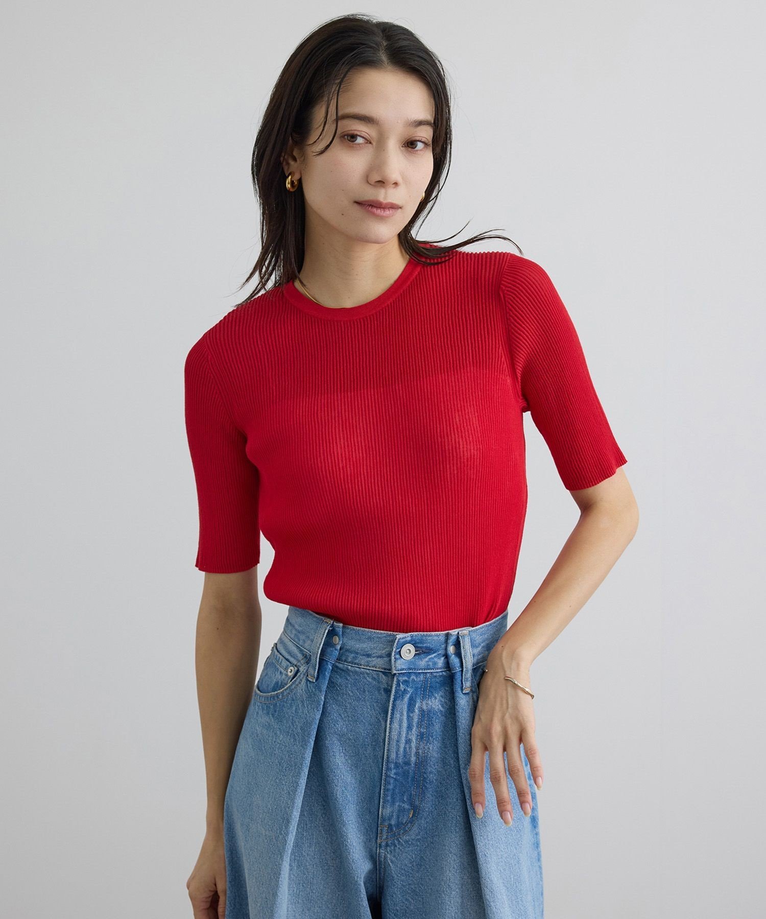 SALON adam et rope' 【WEB限定】シアーリブニットハーフスリーブプルオーバー サロン アダム エ ロペ トップス カットソー・Tシャツ ブラウン ブラック ホワイト レッド