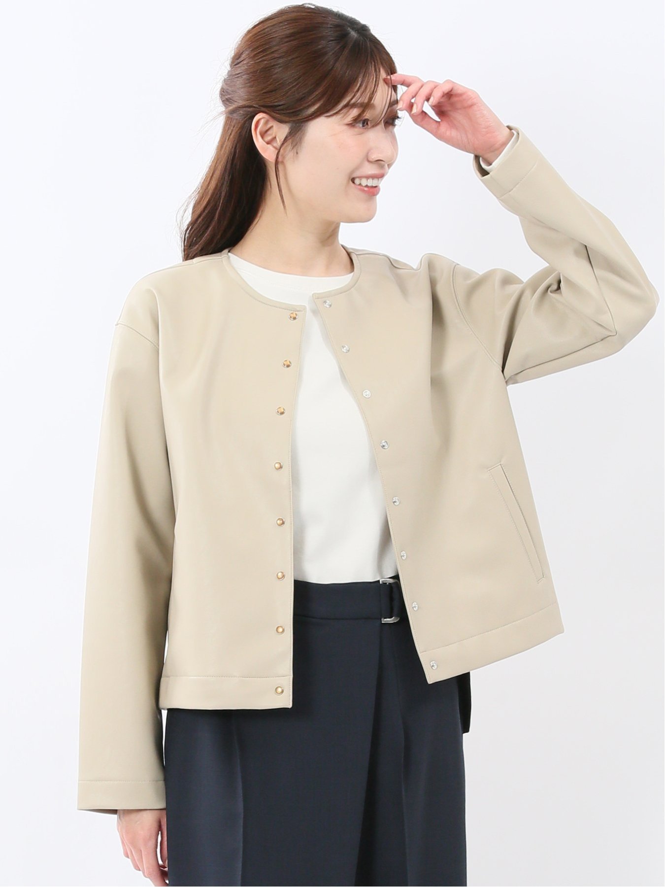 【SALE／50%OFF】m.f.editorial 合成皮革 ノーカラーブルゾン タカキュー ジャケット・アウター ブルゾン・ジャンパー ベージュ【送料無料】