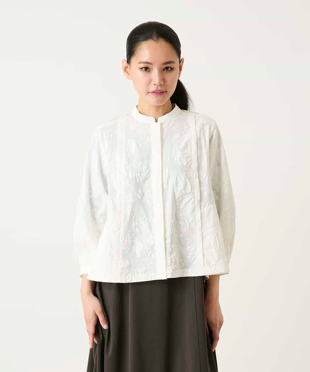 HIROKO BIS ボタニカルモチーフショートブラウス /洗える ヒロコ ビス トップス シャツ・ブラウス ブルー ブラウン ホワイト