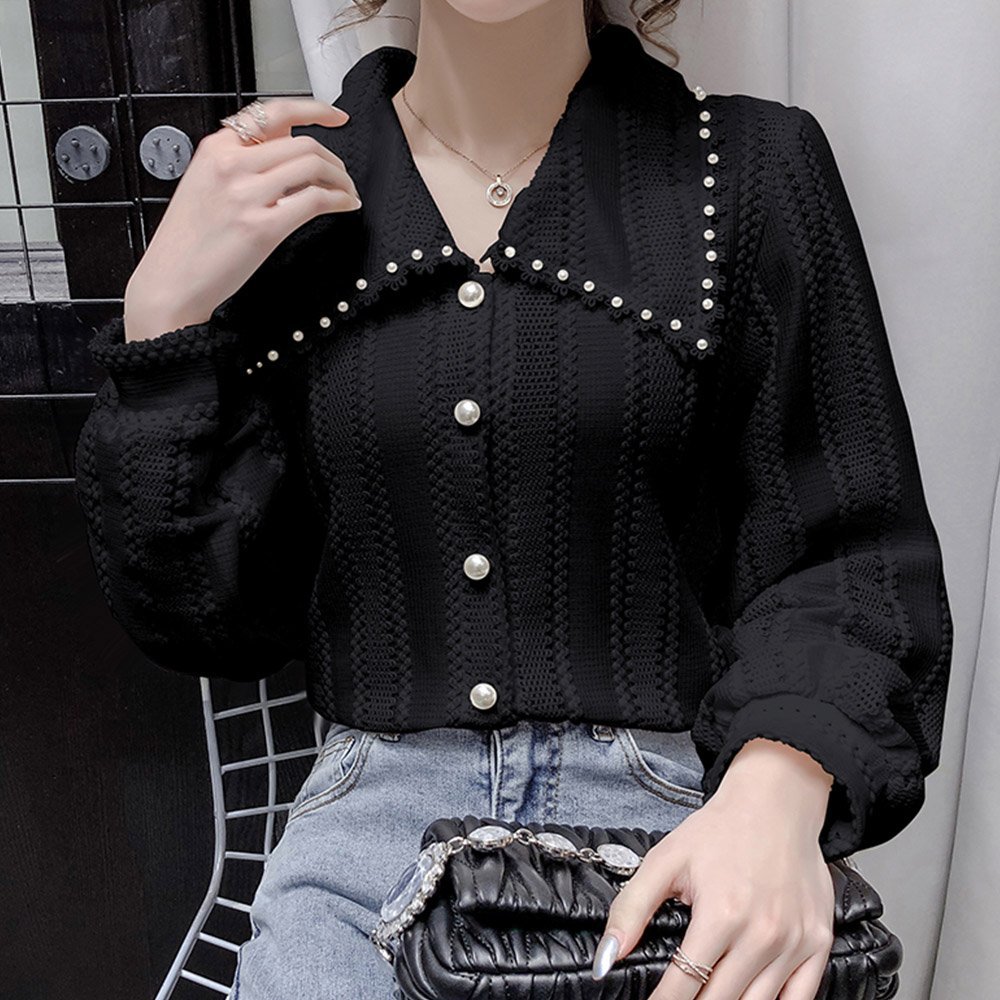 Aimoon ビックカラーブラウス きれいめ春トップス ミニミニストア トップス シャツ・ブラウス ブラック ホワイト ベージュのサムネイル