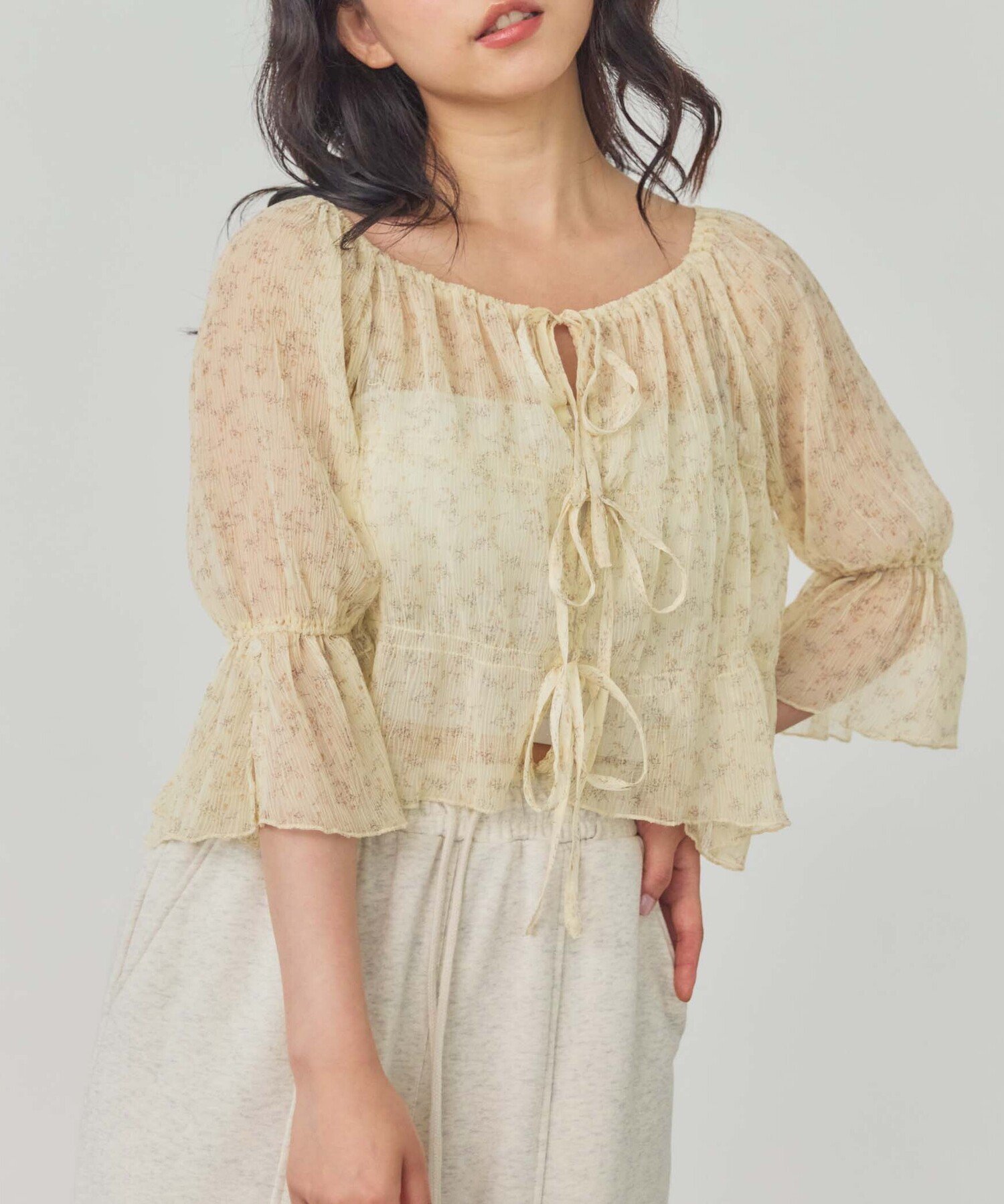 【SALE／50%OFF】archives シアー楊柳半袖リボンブラウス アルシーヴ トップス シャツ・ブラウス ブラック イエロー ピンク ブルー ホワイト