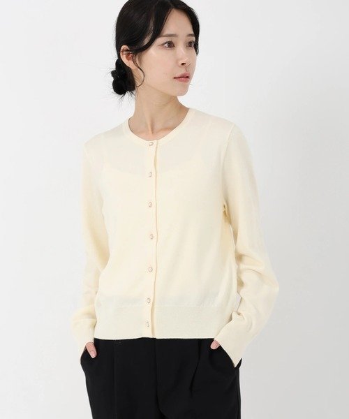 STRAWBERRY-FIELDS パール釦ニットカーディガン ストロベリーフィールズ トップス カーディガン ホワイト グレー ピンク【送料無料】